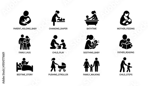 Parenting icons set featuring family activities with babies and children