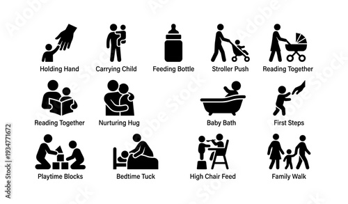 Parent-child activities: feeding, bathing, playtime, and first steps icons