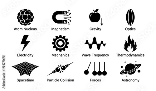 Scientific symbols: atom, magnetism, gravity, optics, mechanics, astronomy
