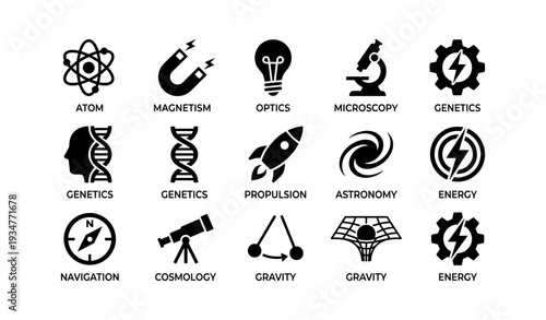 Science and technology icons: atom, genetics, energy, astronomy, navigation