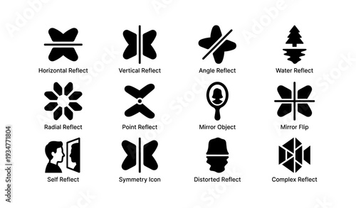 Collection of reflection icons including mirror, symmetry, and distortion symbols