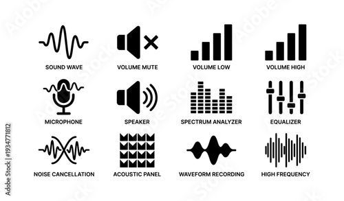 Audio icons: sound wave, volume, microphone, speaker, equalizer, noise cancellation