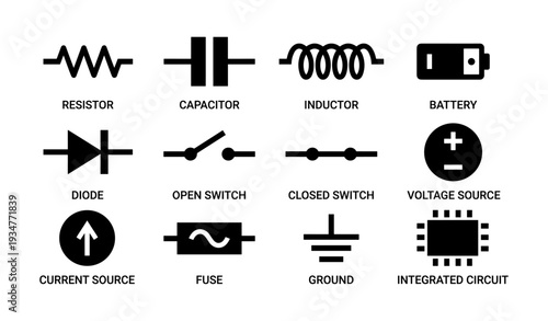 Electrical symbols: resistor, capacitor, inductor, battery icon set overview