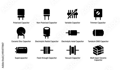 Variety of capacitors: polarized, non-polarized, variable, trimmer, ceramic, electrolytic, tantalum, smd