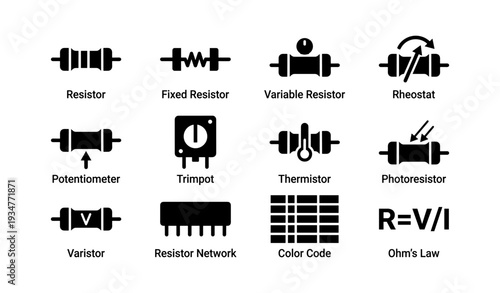 Electrical components: resistors, thermistor, rheostat, and ohm's law chart