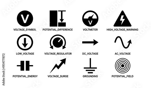 Electrical symbols and icons for voltage and circuit concepts