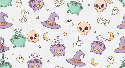 Seamless Halloween pattern with witch hats and cauldrons.