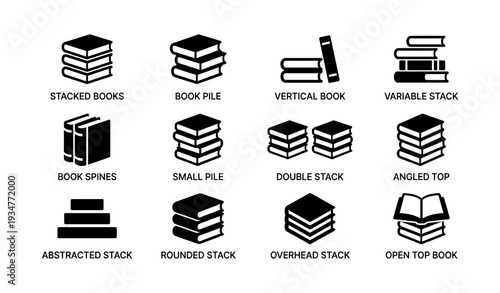 Various black silhouettes of stack and arrangement of books icons