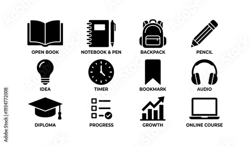 Educational tools and symbols: books, notebook, backpack, pencil, and more