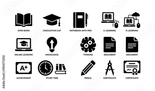 Educational icons set: study, learning, tools, certificate, knowledge illustrations