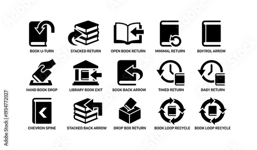 Library return icons: book arrows, stacks, recycle, hand, clock designs