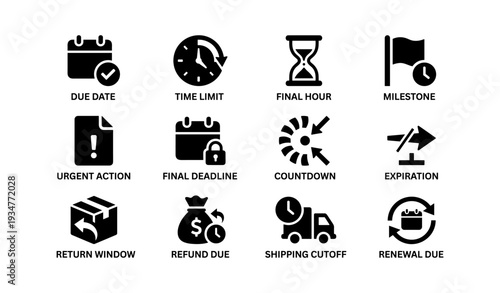 Time management icons: deadlines, expiration, shipping, refunds, milestones