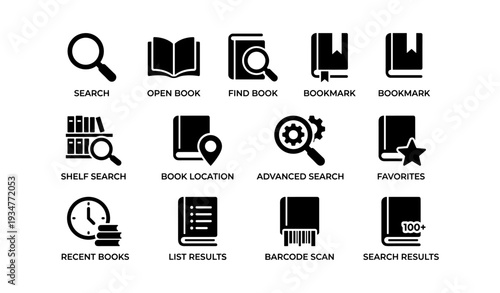 Set of library icon illustrations for search and organization tools