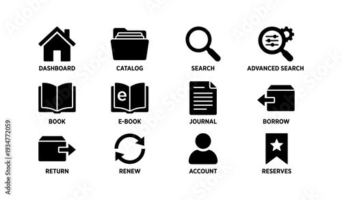 Library icons set: catalogue, search, borrow, renew, account