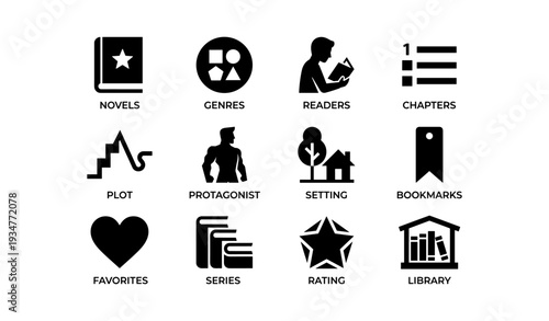 Book icon set featuring genres, readers, chapters, plot, protagonist, setting, bookmarks, favorites