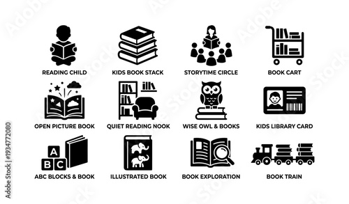 Children's reading icons: books, storytime, and library themes
