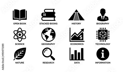 Educational icons: books, history, science, geography, economics, technology