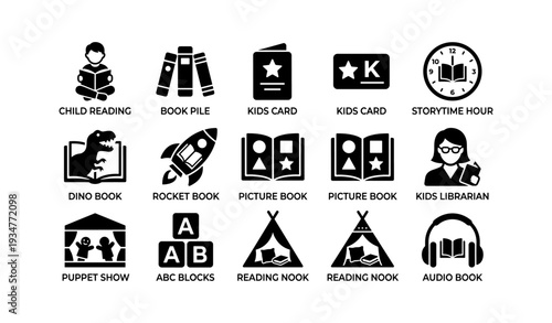 Child literacy icons: reading, books, librarian, puppet show, audio book