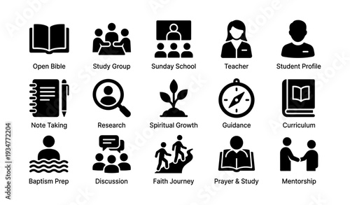 Icons representing bible, study groups, education, guidance, and faith development