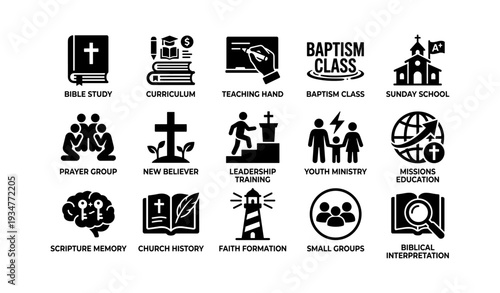 Religious education icons: bible study, curriculum, youth ministry, baptism class, church symbols