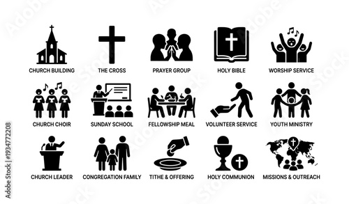 Church activities icons: worship, prayer, bible study, community service, fellowship