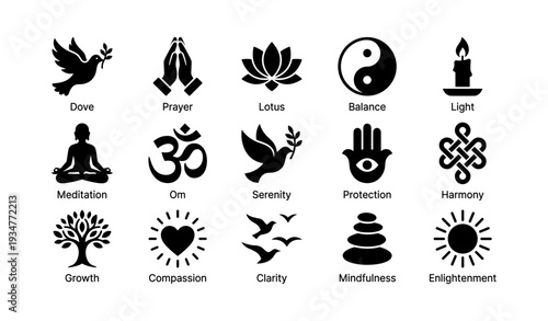 Symbols of peace and wellness: dove, lotus, yin yang, meditation icons