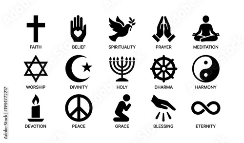Spiritual symbols collection: faith meditation prayer peace harmony