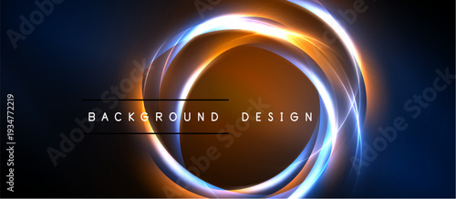 Abstract concentric circles, vibrant orange, blue glow. Dark background emphasizes luminous design elements. Text reads background design.