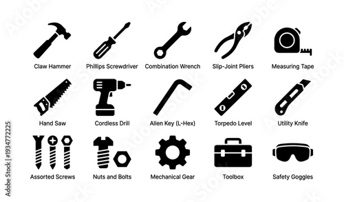 Set of sixteen essential tools icons: hammer, screwdriver, pliers, drill, tape, toolbox