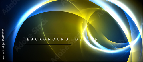 Abstract design features swirling light shapes. Blue, yellow hues create dynamic energy. Text reads background design. Modern, vibrant visual.