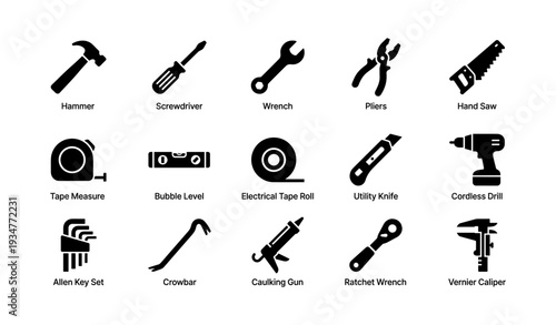 Set of black silhouette tools including hammer, screwdriver, wrench, and more