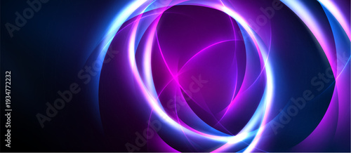 Abstract neon circles, vibrant purple, blue hues. Dynamic energy radiates from central glowing form. Modern design element.
