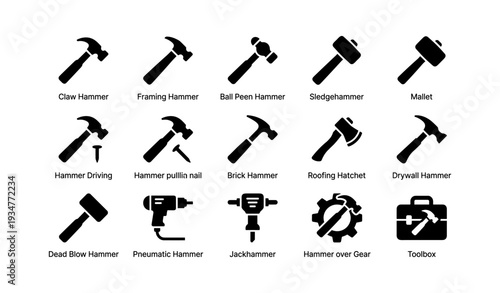 Variety of hammer icons: claw, framing, sledgehammer, mallet, pneumatic, jackhammer
