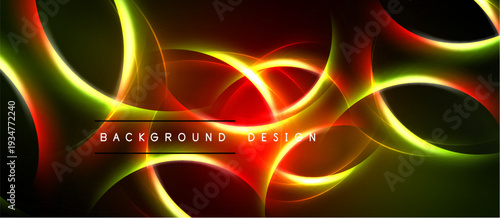 Abstract design features vibrant glowing curves. Red, yellow, green hues blend against black backdrop. Modern, dynamic visual composition.