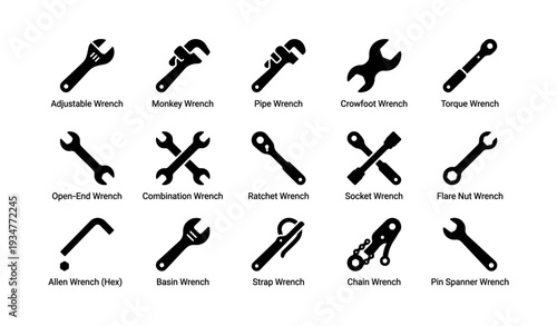 Set of diverse wrench icons featuring various types and styles