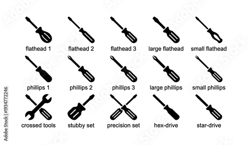 Various screwdrivers and tools icons: flathead, phillips, precision, hex, star-drive