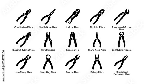 Sixteen types of pliers and specialized tools with labels and silhouettes