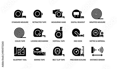 Various measuring tape icons with features and tools