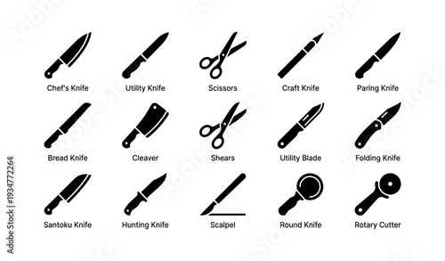 Collection of various kitchen and utility knives and tools in black silhouette