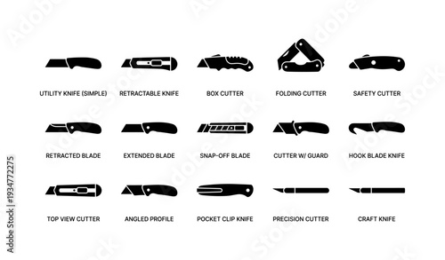 Collection of various knife silhouettes: utility, box, folding, safety, craft