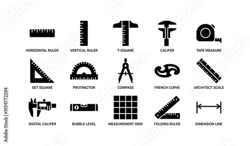 Various measuring tools: rulers, calipers, compass, set square, tape measure icons