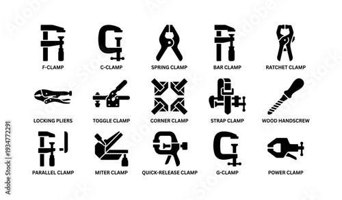 Collection of various clamps and pliers icons on white background