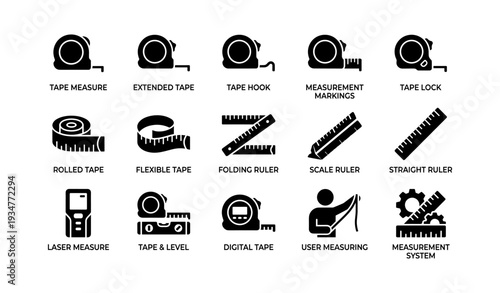 Diverse measuring tools icon set: tapes, rulers, laser, digital, scale, roller