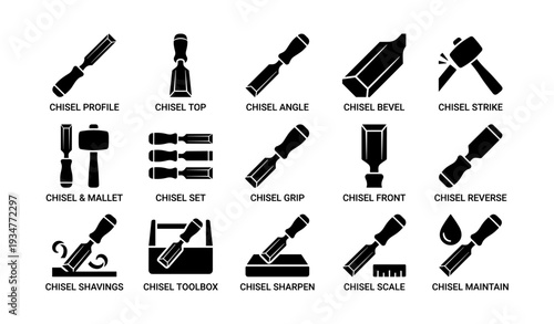 Chisel tool icons: diverse shapes, uses, and maintenance symbols