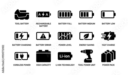 Tool battery icons: charging, power levels, energy saving, high capacity, li-ion technology