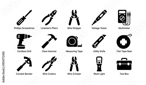 Assorted hand tools icons featuring screwdriver hammer pliers and drill