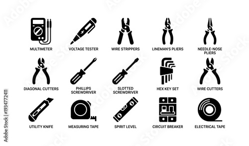 Collection of essential electrical tools and equipment icons in black and white