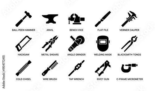 Black silhouette icons of various industrial tools on white background