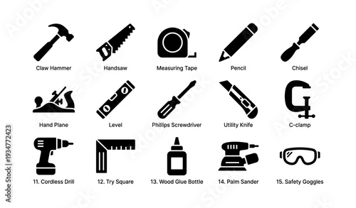 Essential carpentry tools collection: hammer, saw, tape, chisel, drill, knife, sander