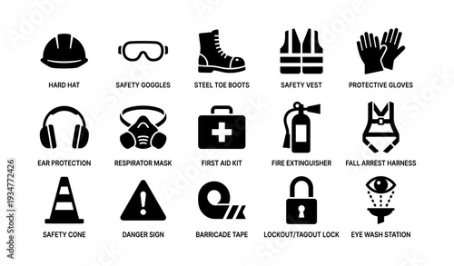 Essential safety equipment icons: hard hat, goggles, boots, vest, gloves, mask, kit